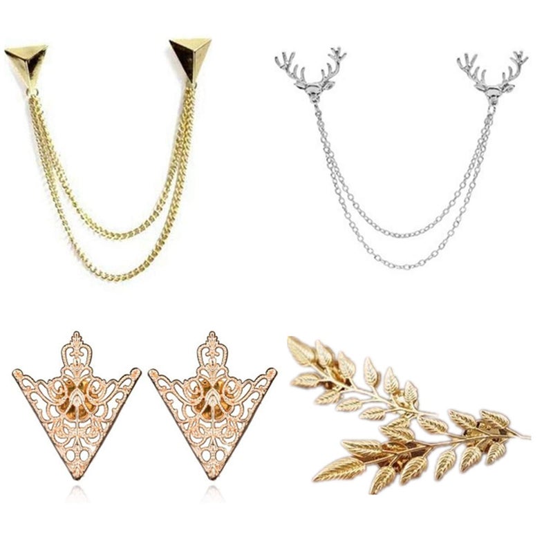 YouU TFYU 4 Pcs Deer Head Double Link Chains, Gold Stud, Retro Hollow Pattern and Angle Triangle Tassels Collar Pins Brooch Clip Pin Brooches Shirt Collar Decoration Parts with Free Box - Image 1